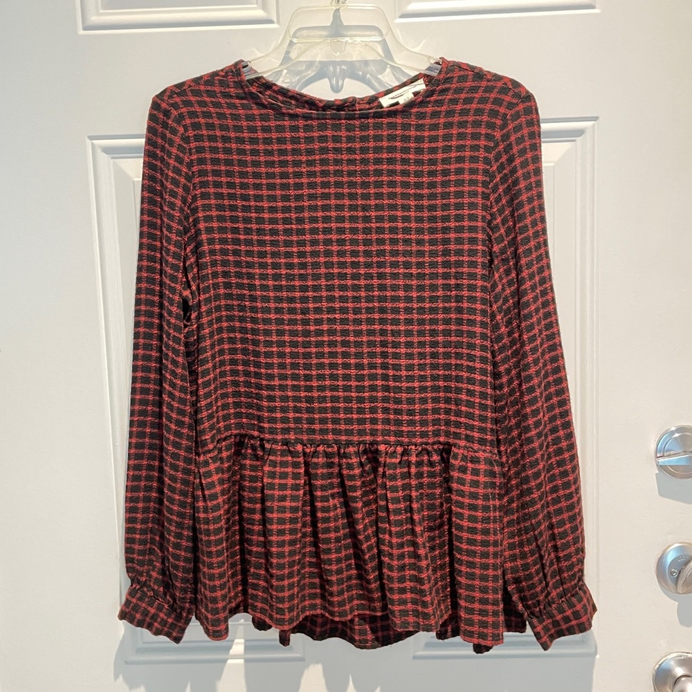 beachlunchlounge Plaid Red Black Ruffle Peplum Long Sleeve Top Size Small